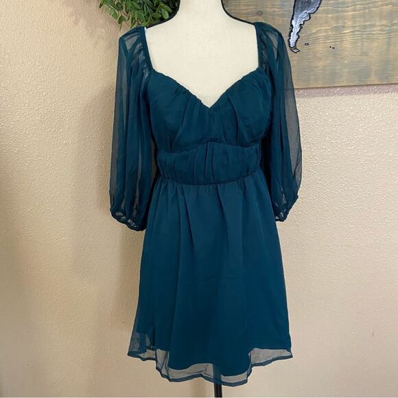 NWOT Lulus Vivacious Arrival Emerald Chiffon Balloon Sleeve Mini Dress - Picture 11 of 12